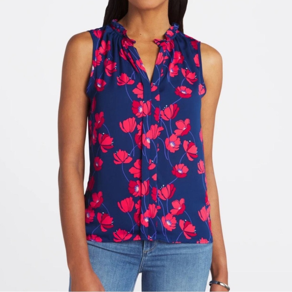 NWT 41 Hawthorn Sleeveless Ruffle Neck Orlee Top - Blue/Red Petite Size medium